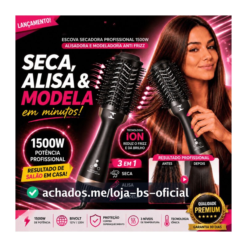 Escova Secadora 3 em 1 1500W Bivolt Iônica Alisadora Modeladora Anti Frizz - Prancha de Cabelo Profissional