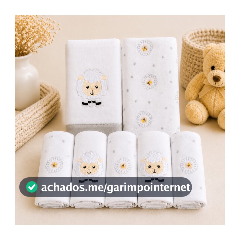 Kit 7 Peças Enxoval Bebês Diversas Estampas 5 Fraldinhas de Pano c/ 2 Toalhas Fralda tudo 100% Algodão