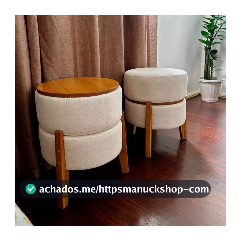 Pufe Puff Mesa Para Sala Decorativo Estofado Redondo Pés De Madeira Mesinha 2 Em 1 Tecido Boucle