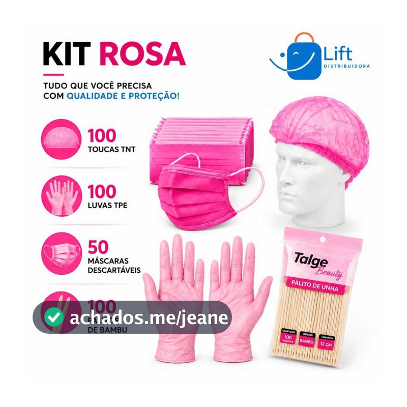 Kit Manicure Palito de Bambu + Máscara + Luva TPE + Touca TNT Tudo Rosa