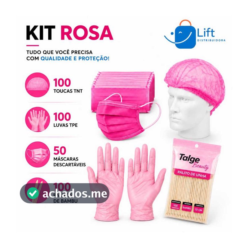 Kit Manicure Palito de Bambu + Máscara + Luva TPE + Touca TNT Tudo Rosa