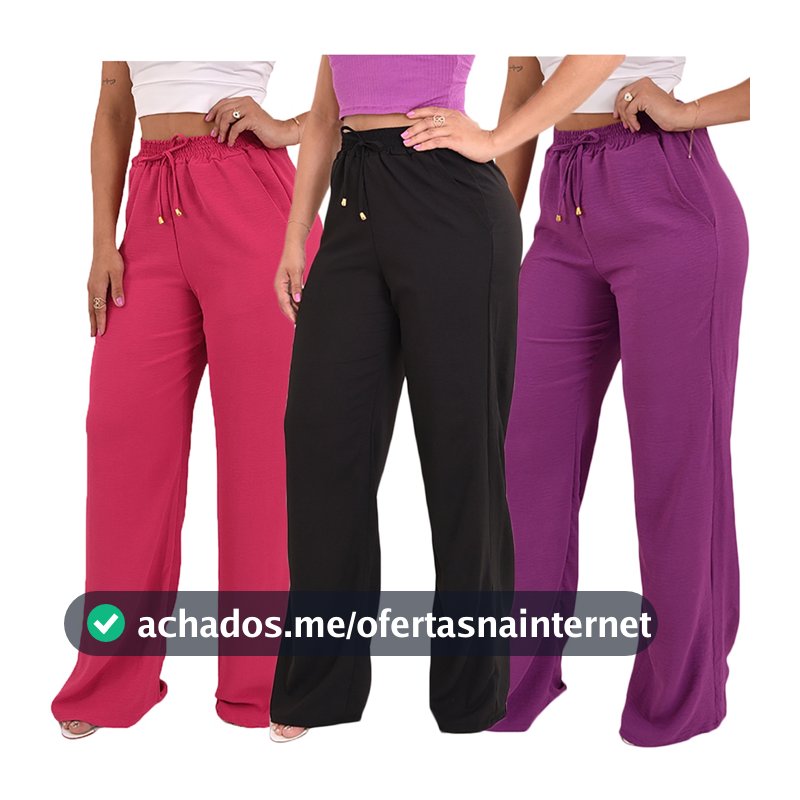 Kit 3 Calças Pantalona Feminina Cintura Alta Moda Tendência .