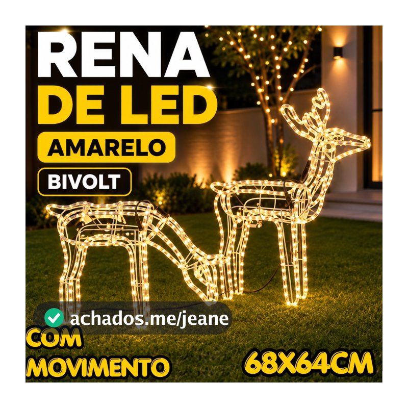 Rena De Led Pequena Com Movimento 68x64cm Bivolt Led Amarelo Decoração Natalina Enfeite Natal