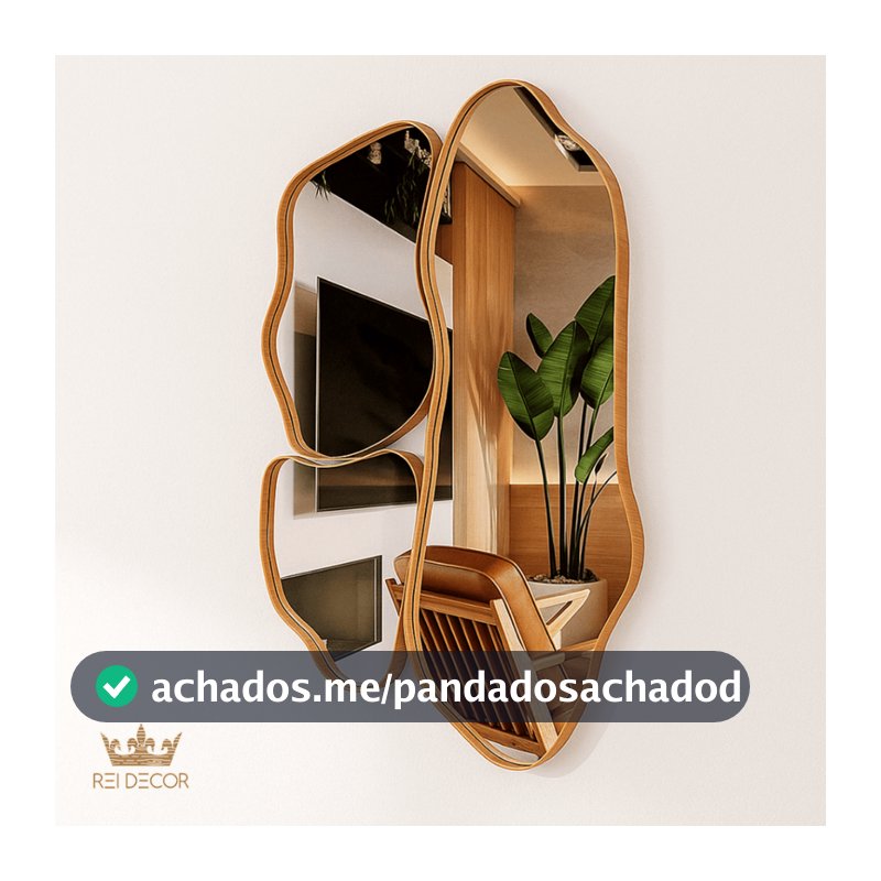 Kit 3 Espelhos Orgânicos Slim Decorativos Cinamomo Moldura Amadeirada Assimétricos c/ Suporte