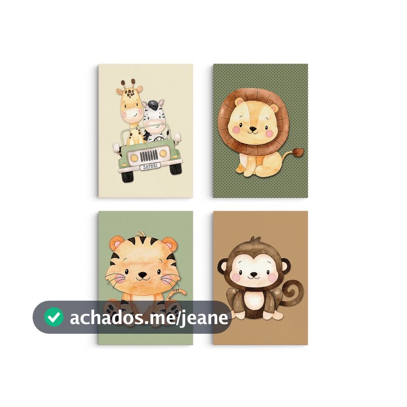 Kit Quadros Decorativos Mosaico 4 Peças Safari Criança Animais Leão Tigre Macaco Girafa Zebra Arte