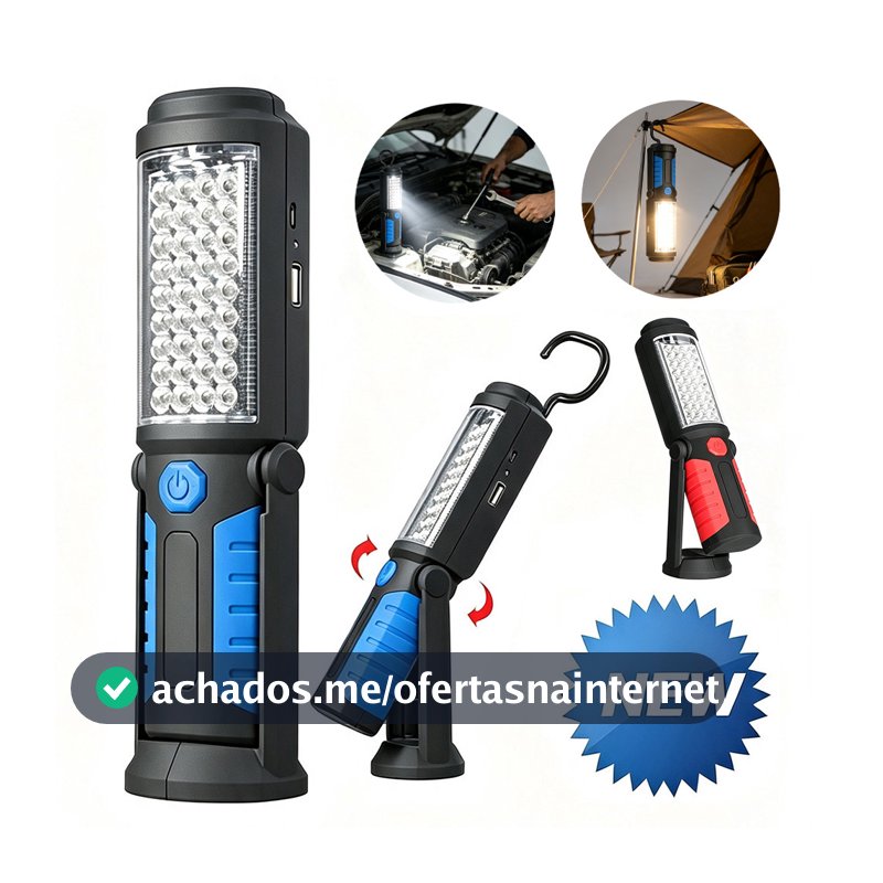 Luminária De Trabalho LED Recarregável Ímã Forte Gancho 360° Lanterna Oficina Mecânica Automotiva Camping Emergência