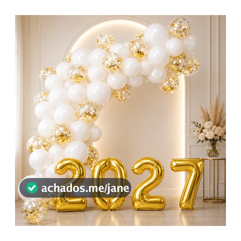 Kit Balão Bexiga Ano Novo 2027 + Numero Metalizado + Branco + Cristal Decoração