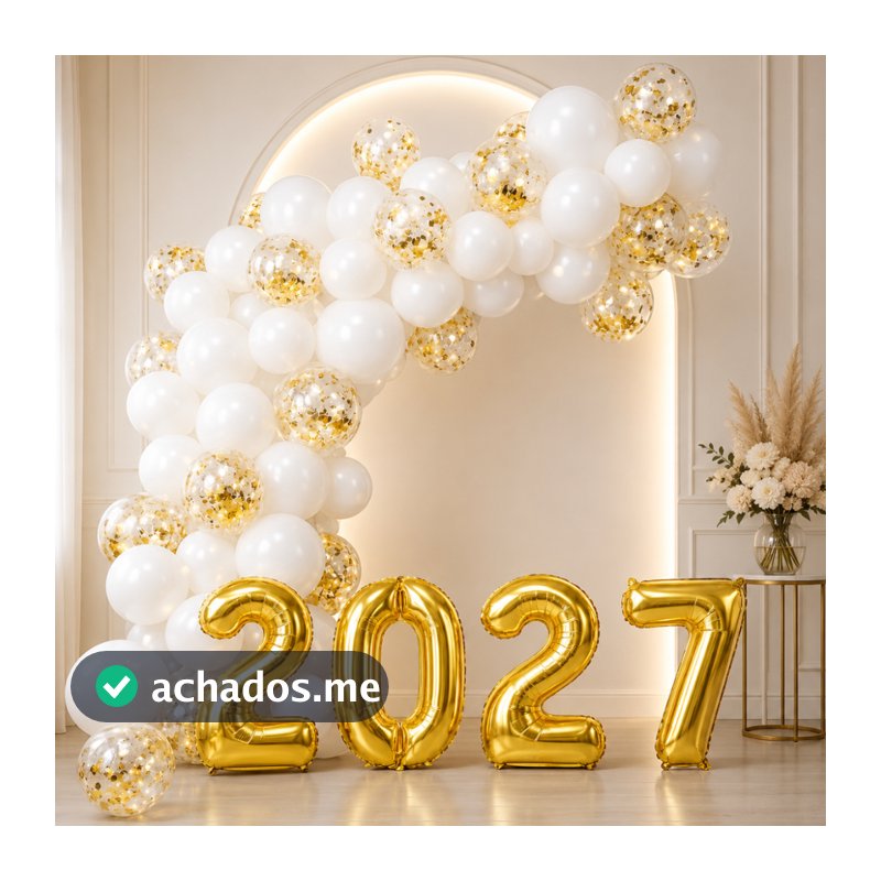 Kit Balão Bexiga Ano Novo 2027 + Numero Metalizado + Branco + Cristal Decoração