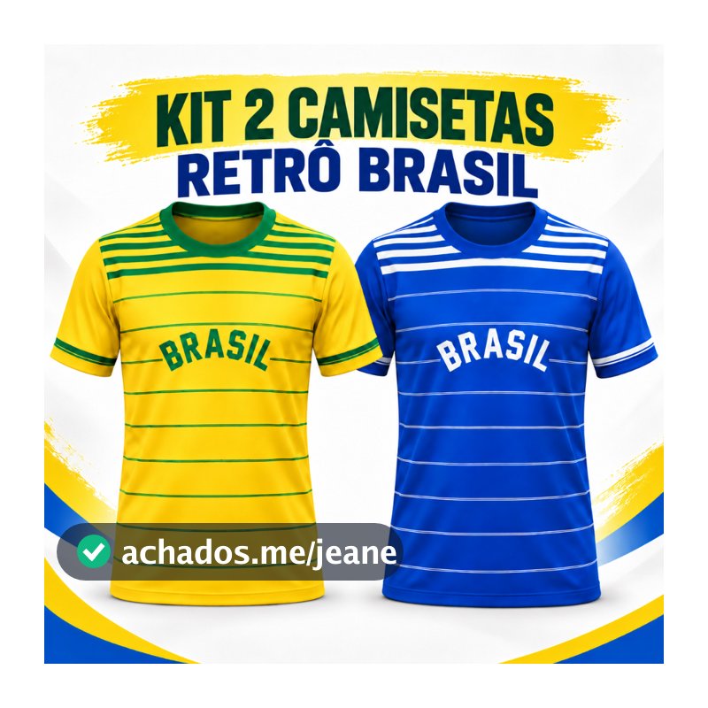 Kit Conjunto Camiseta e Shorts Juvenil Infantil Brasil Retro Listrado Amarelo e Azul Patriota