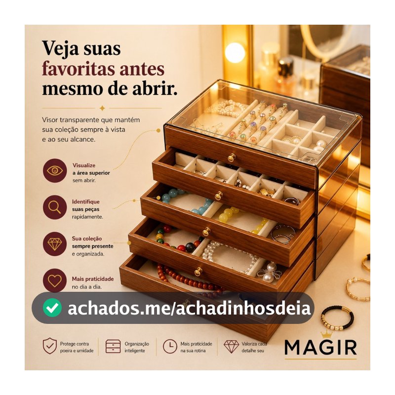 Caixa Porta Jòias+Porta Anéis Mdf 5 Gavetas Tampo Dobravel Com Vidro