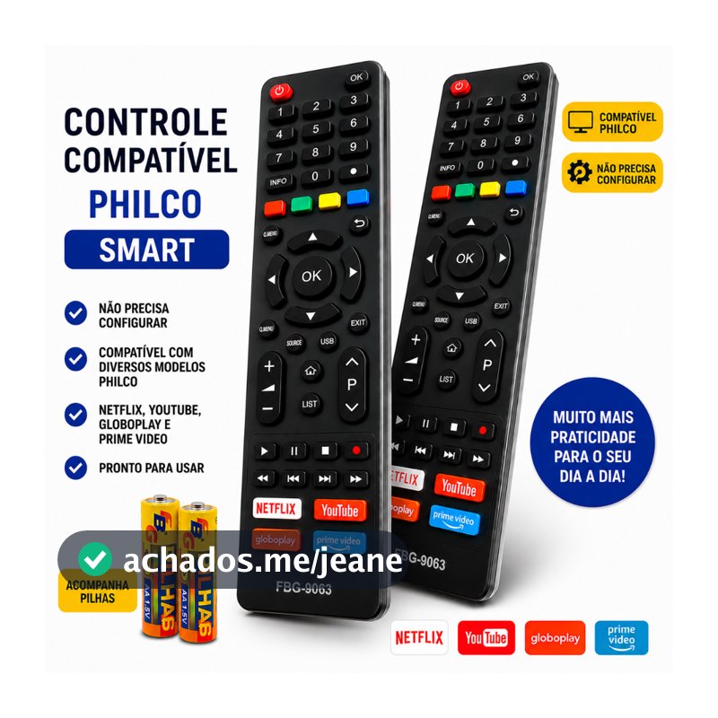 Kit Controle Remoto Compatível com Televisão Philco Tv Smart LED LCD com Pilhas Inclusas - ENVIO IMEDIATO