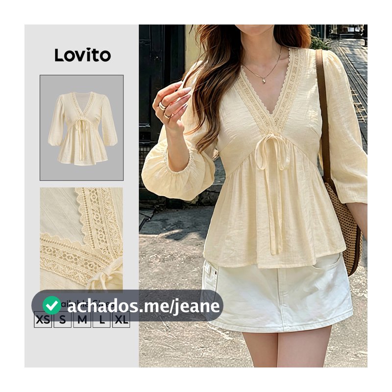 Lovito Blusa Casual com Design de Amarração em Renda Estilo Resort Cor Damasco Feminina Bordado BLK8TD257