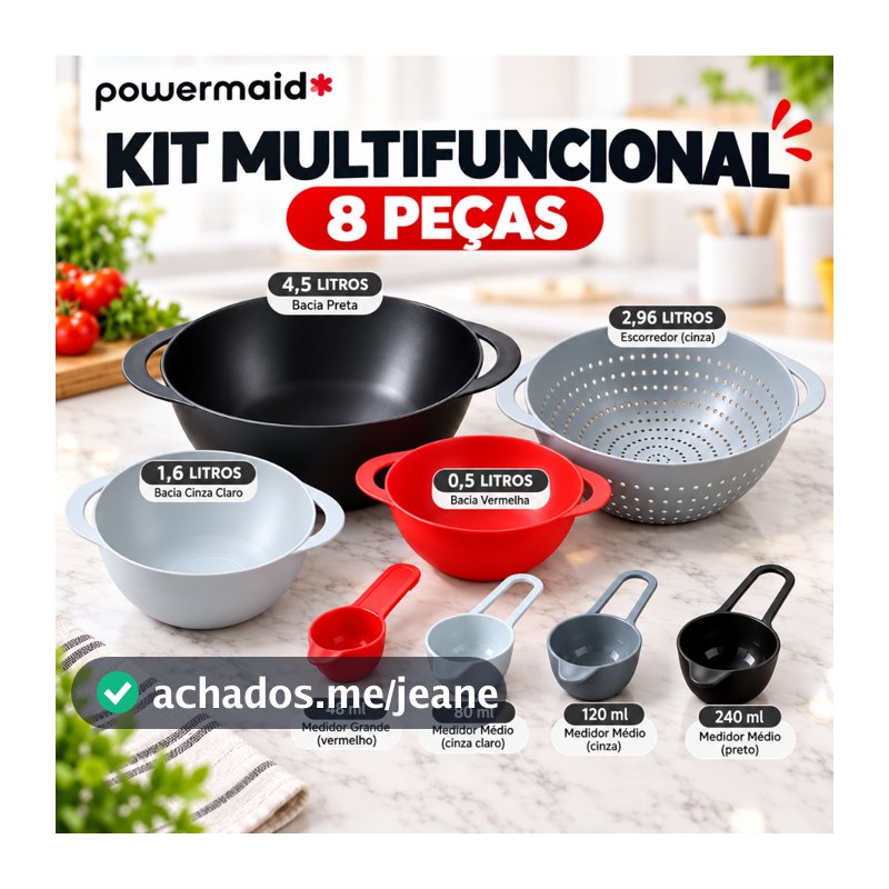 Kit Multifuncional 8 Peças Powermaid Tigelas Bowls Escorredor Medidores Cozinha Acoplável