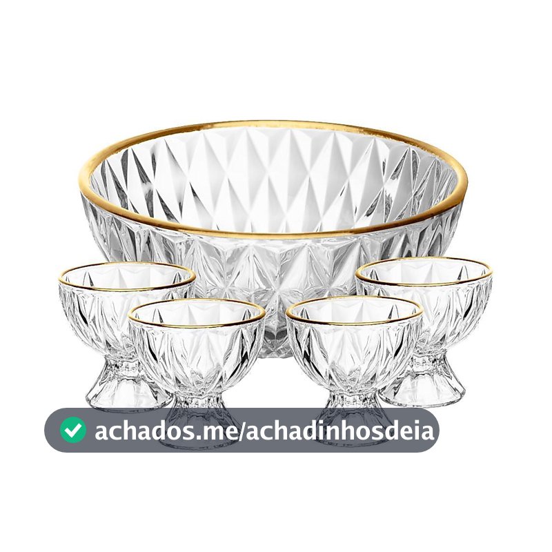 Conjunto 1 Bowl 1L e 4 Taças 120ml Diamond Lyor Cristal com Fio de Ouro para Sobremesas Doces Frutas Mousse Pavê 5 Peças
