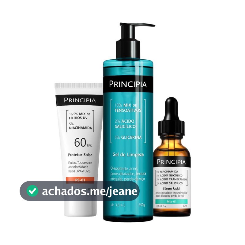 Principia Kit Anti-Acne Trio c/ Gel de Limpeza GL-01 + Sérum Mix-01 + Protetor Solar Facial PS-01 FPS 60