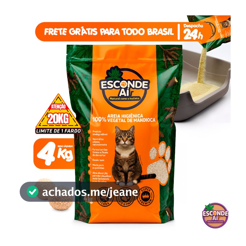 Areia Higiênica de Mandioca Biodegradável Esconde Aí 4KG a 16KG Granulado Sanitário de Gato Natural