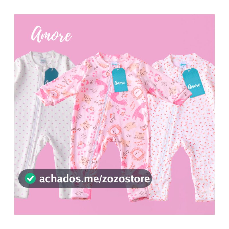 3 Macacões Bebê Amore Mais Vendidos Vira Pé Zíper Menina Algodão