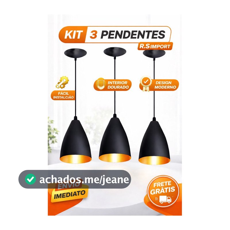 Kit 3 Luminárias Pendentes Vegas Preto Interior Cobre Moderna Sala Cozinha Balcão Decoração Promoção
