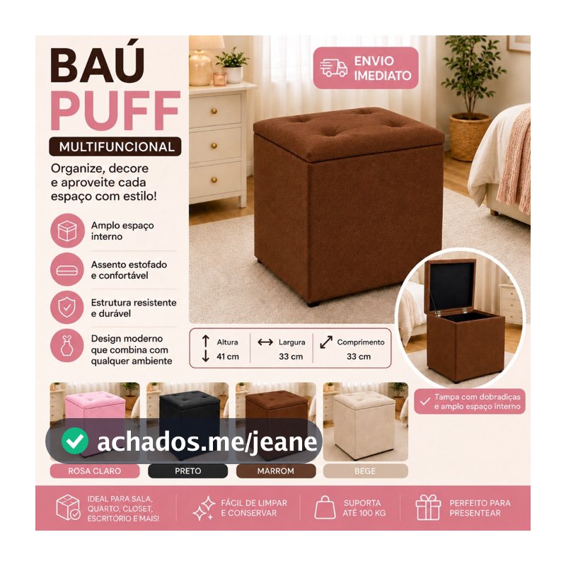 Puff Baú Decorativo Multiuso Assento Estofado Para Quarto Sala Closet Penteadeira Escola Envio Imediato