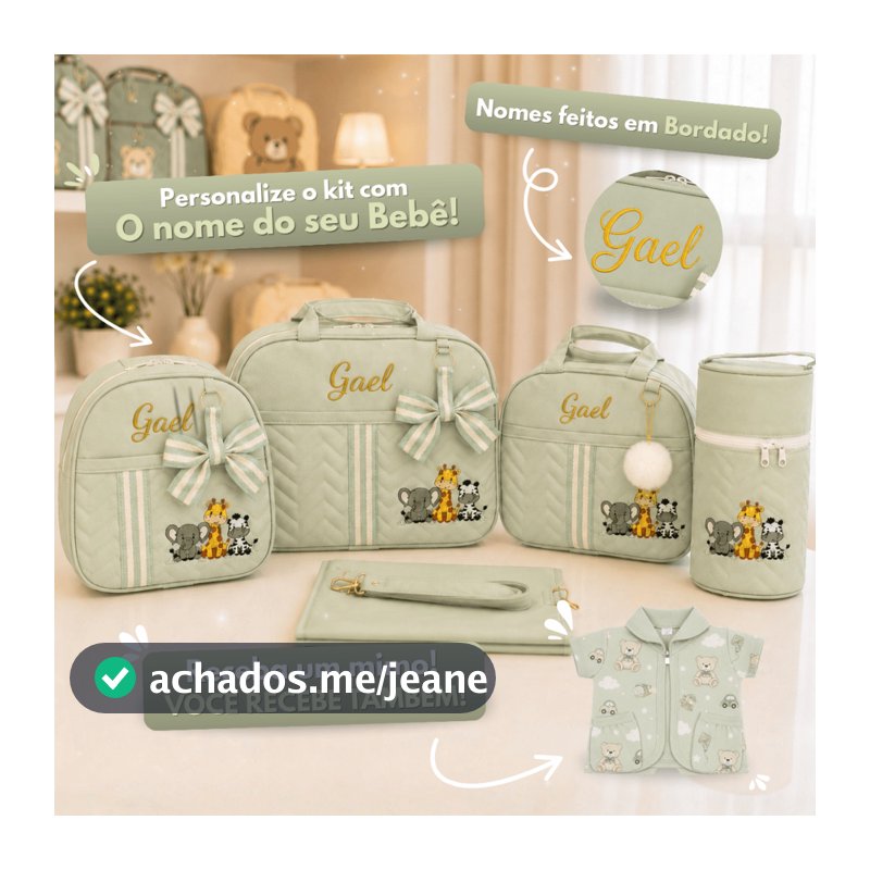 Bolsas de Maternidade Kit Completo com 5 peças tema Safári/Savana/Selva Personalizado com Nome