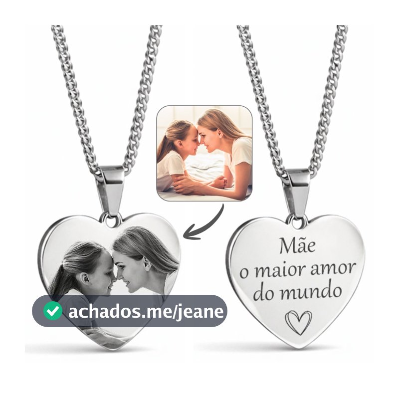 Colar Coração Personalizado com Foto Gravada a Laser Aço Inox Presente Dia das Mães