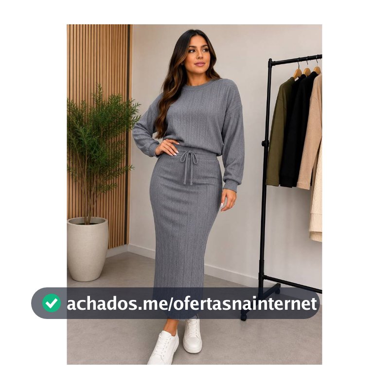 Conjunto Blusa Manga Longa e Saia Midi