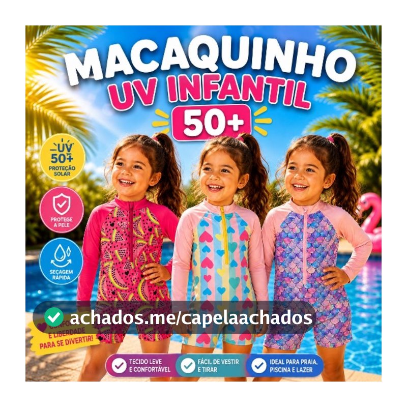 Macaquinho Macacão Infantil UV 50+ Moda Praia Piscina Natação Proteção Solar