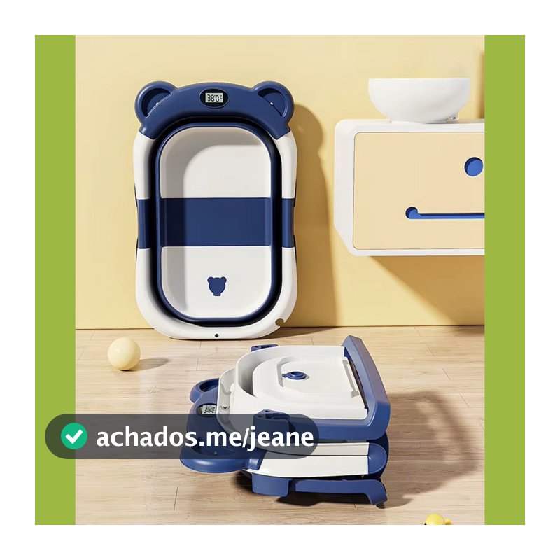 Banheira Dobrável Bebê Ursinho Termômetro LCD Retrátil Digital Portátil Compacta Viagem E019-014