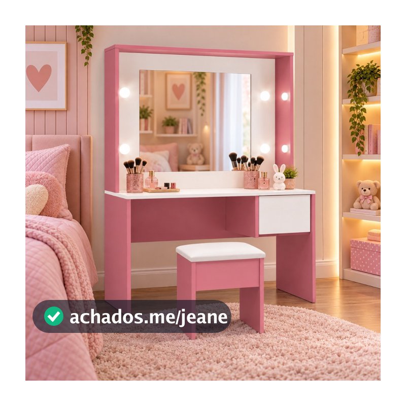 Penteadeira Infantil Diana com Espelho LED com Gaveta e Banqueta Rosa MDF 15mm Ofertamo