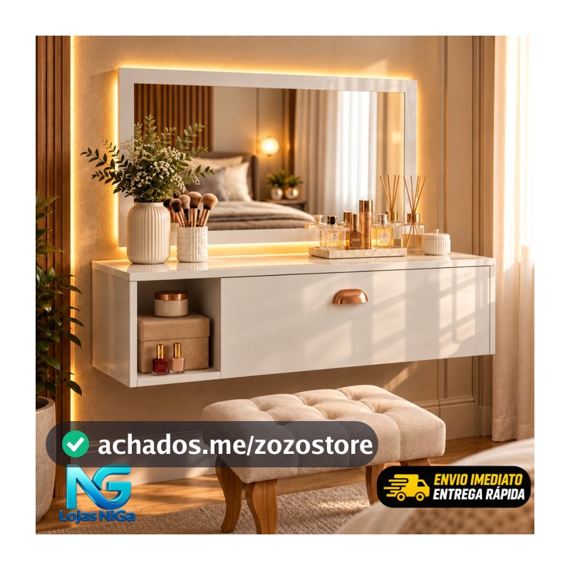 Penteadeira Bancada Camarim makeup Suspensa com Espelho, 0,90 e 1.20 Gaveta com Divisória e Nichos Make Up Body Splash