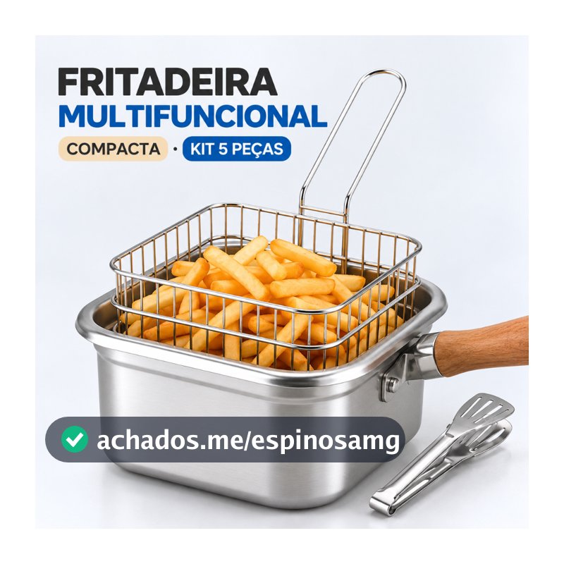 Panela Fritadeira Kit 5 Peças Multifuncional Aço Inox com Cesto Tampa para Cozinha e Camping