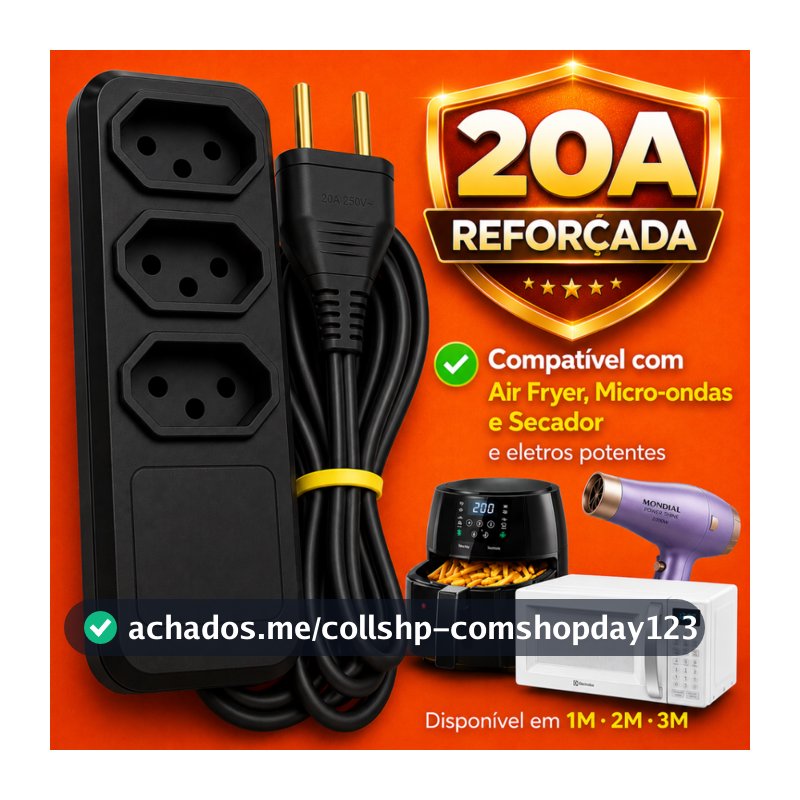 Extensão Elétrica 20A 3 Tomadas Bivolt 110 / 220 V Para Airfryer Micro-ondas Secador 1M 2M 3 Metros
