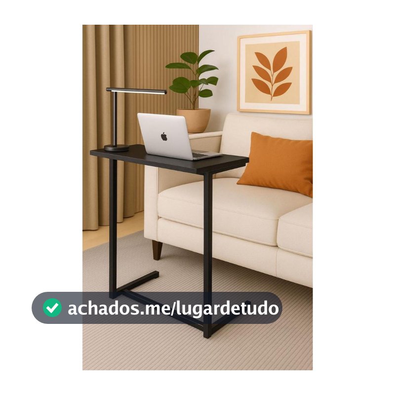 Mesa apoio e suporte lateral notebook cama sofa em aço tampo madeira Preta e Mel