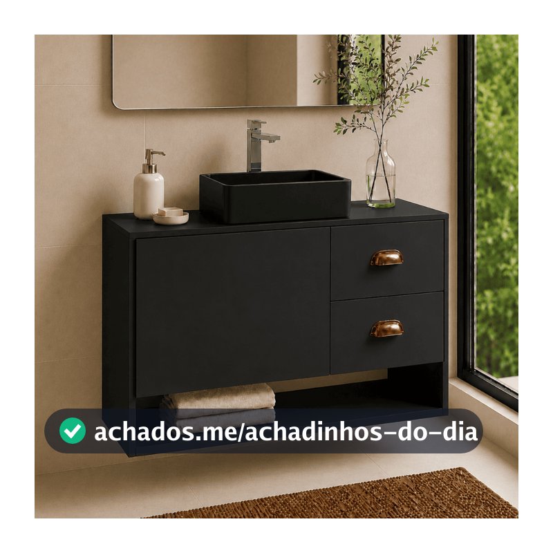 Gabinete Siena com Cuba Suspenso Preto Armário Banheiro 2 Gavetas 1 Porta Puxador Concha