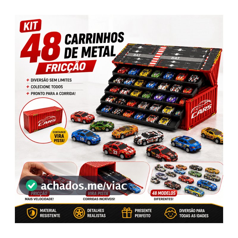 Kit 48 Carrinhos de Fricção Coloridos com Maleta Container  Pista de Corrida Infantil