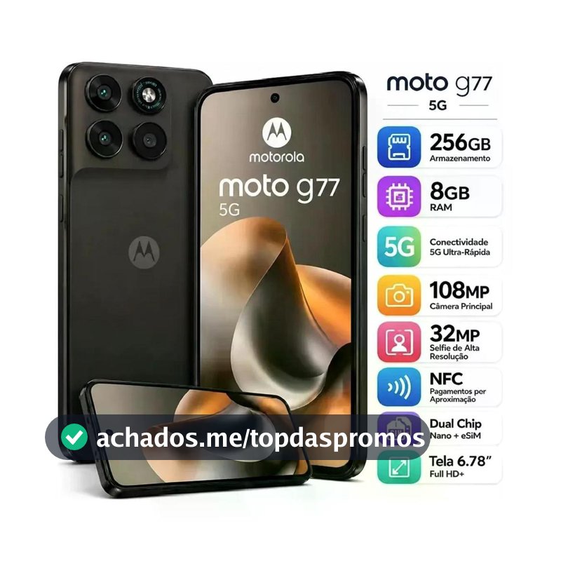 Smartphone Motorola Moto G77 5G 256GB  8GB RAM Câmera Traseira 108MP + 8MP Selfie 32MP Tela 6.8" 5200mAh -  Marrom