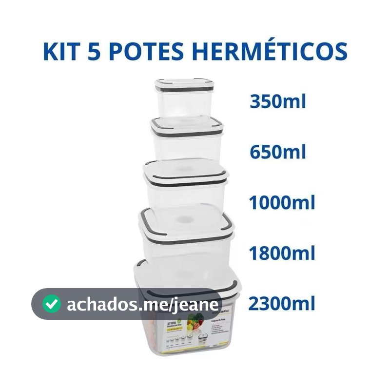 Kit De 5 Potes Herméticos Plastico Para Mantimentos Micro-ondas Alimentos Geladeira Frutas Marmita