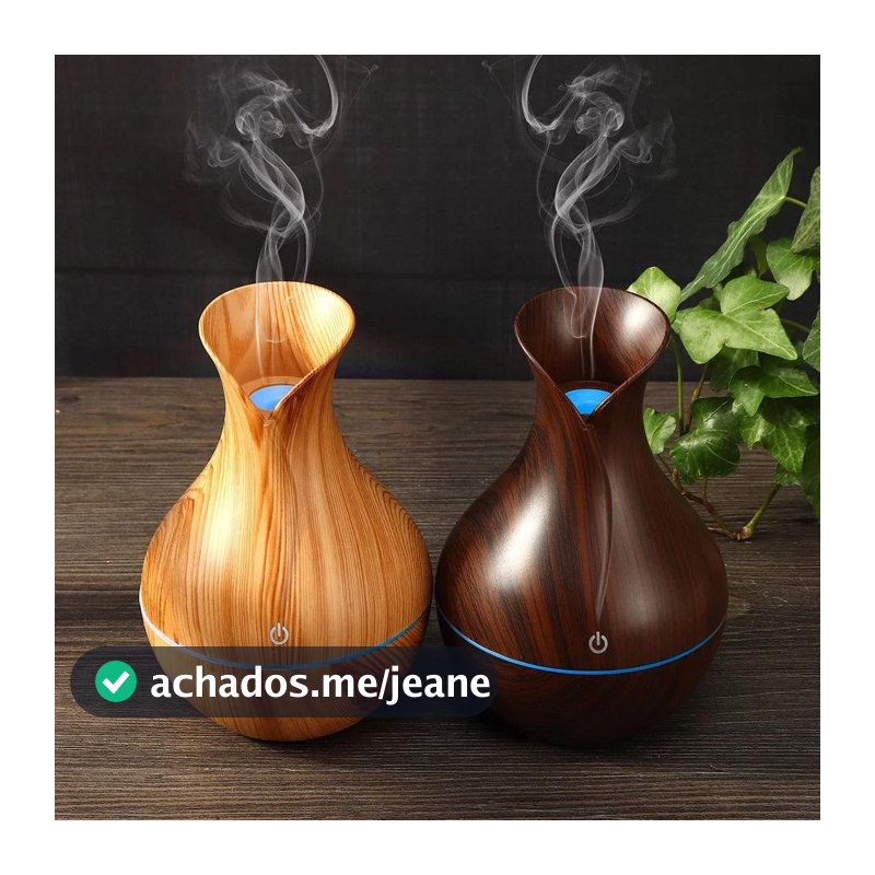 Umidificador Design de Vaso Aromatizador Silencioso textura de Madeira Recarregável com LED