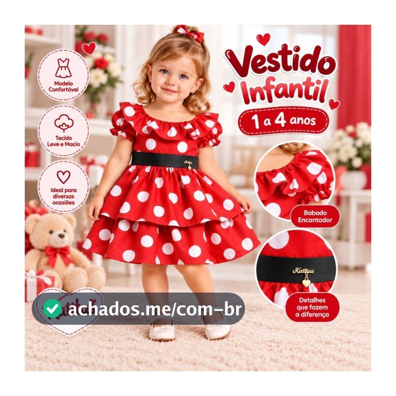 Vestido Infantil Bolinha Minnie Vermelho Tamanho 1 a 4 Anos Temático Aniversário