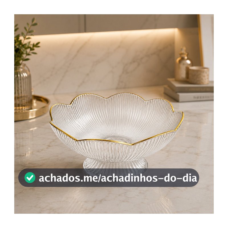 Fruteira Centro De Mesa Transparente Com Borda Dourada Luxo
