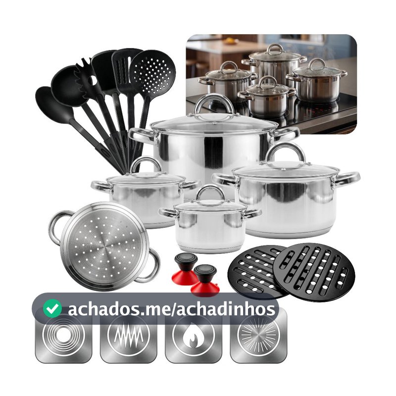 Jogo Panelas Completo 19 Peças Antiaderente Aço Inox com Acessórios Nylon