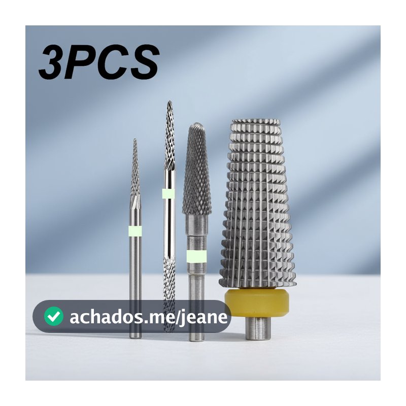 3 peças Kit de brocas de carboneto de tungstênio para arte de unhas em gel profissional, acabamento cônico de porcelana