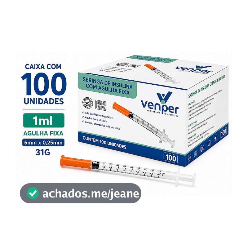Caixa C/100 Seringas de Insulina Agulha Fixa 6mm x 0,25mm 31g 1ml (100UI) - Venper