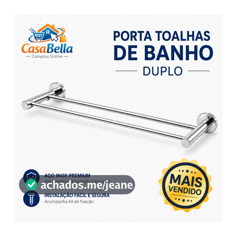Porta Toalhas de Banho Duplo Aluminio e Inox Para Banheiro Parede