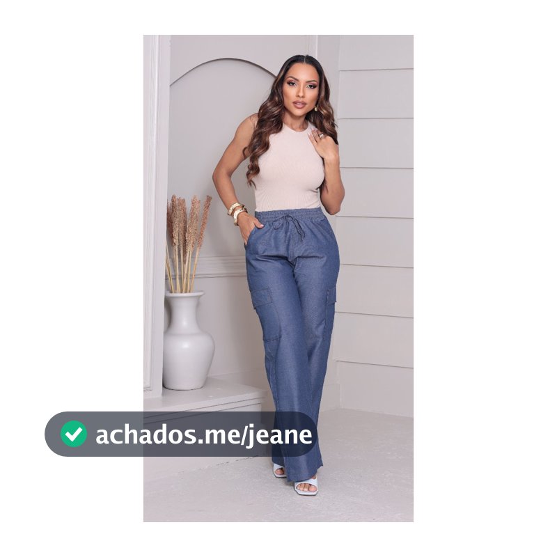 Calca Pantalona Wide Leg Cargo Jeans Leve com Elastico na Cintura