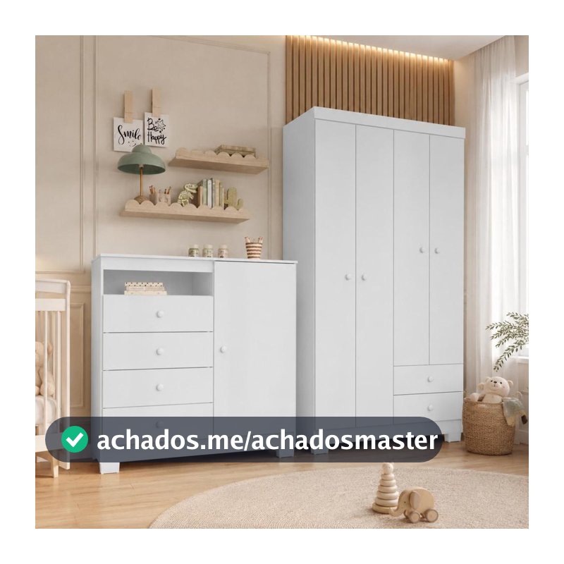 Guarda Roupa Infantil 4 Portas 2 Gavetas Com Cômoda 1 Porta 4 Gavetas Aquarela Branco Azul e Rosa  Clique Chique Móveis