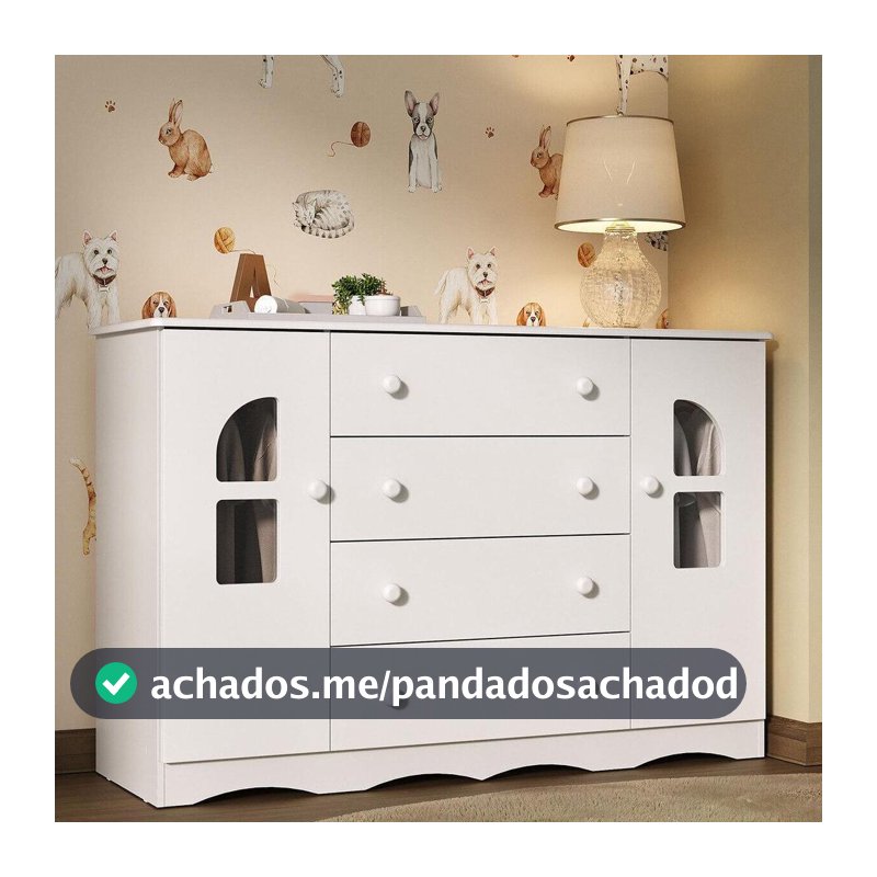 Cômoda Infantil para Bebê 125 cm 2 Portas com Vidro e 4 Gavetas Liz Multimóveis MP4516