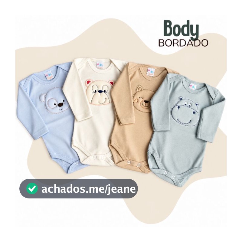 Kit 4 Body Bebe Bordado Manga Longa 100% Algodão  Estampa de Bichinho Menino Menina