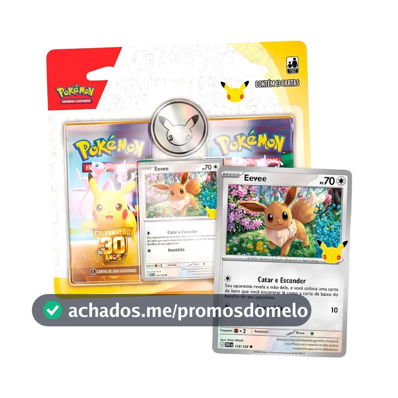 Blister Duplo Pokémon TCG Celebração 30 Anos Eevee + Moeda E 2 Boosters Original Copag