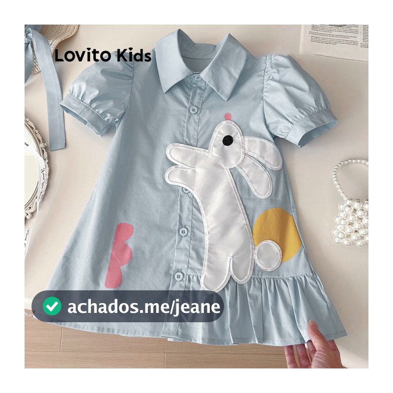 Lovito Kids Vestido Fofo Com Botões Na Frente Assimétrico Macio Ao Toque Para Todas As Estações Azul Feminino LNL111214